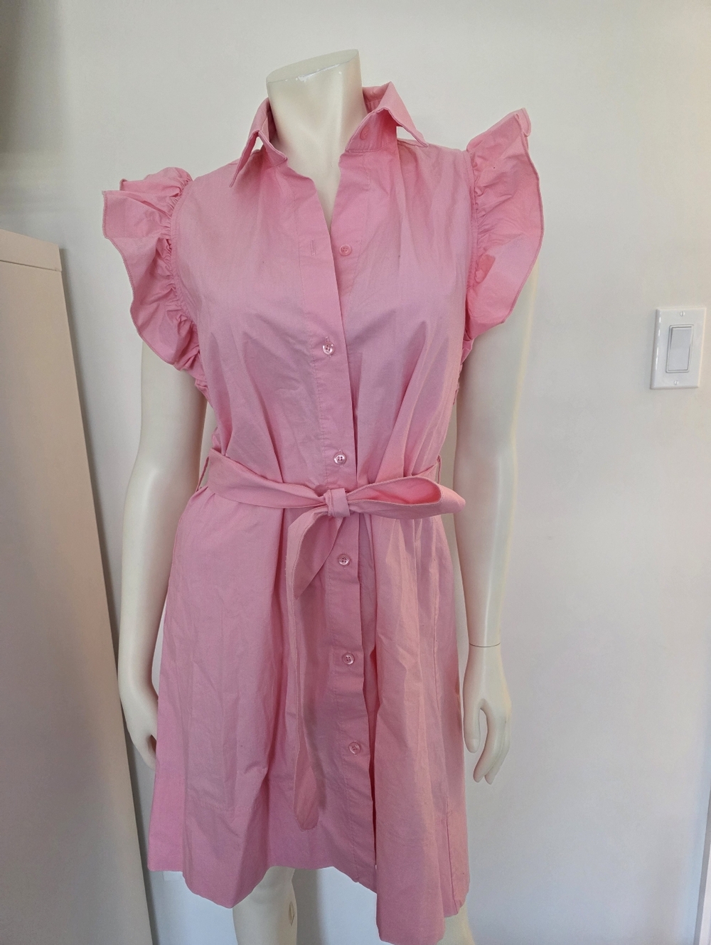 Rinascimento Pink Romantic Ruffle Sleeve Shirt Belted Poplin Dress High-low Hem
